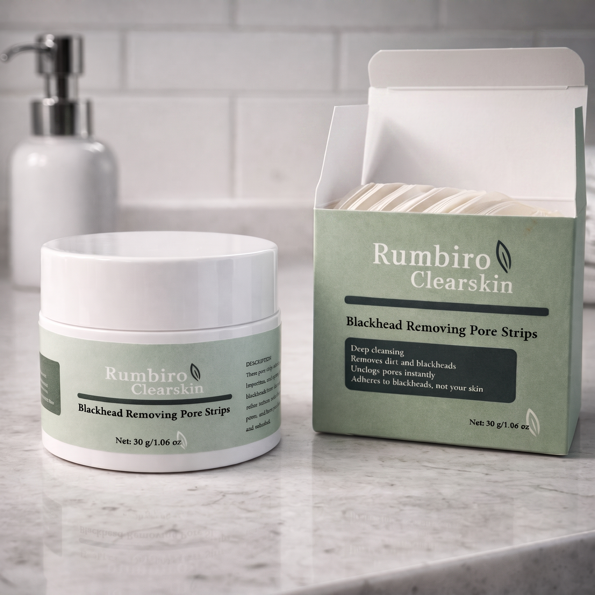 Rumbiro Clearskin blackhead removing pore strips — open box showing 60 strips beside the jar on a marble bathroom counter