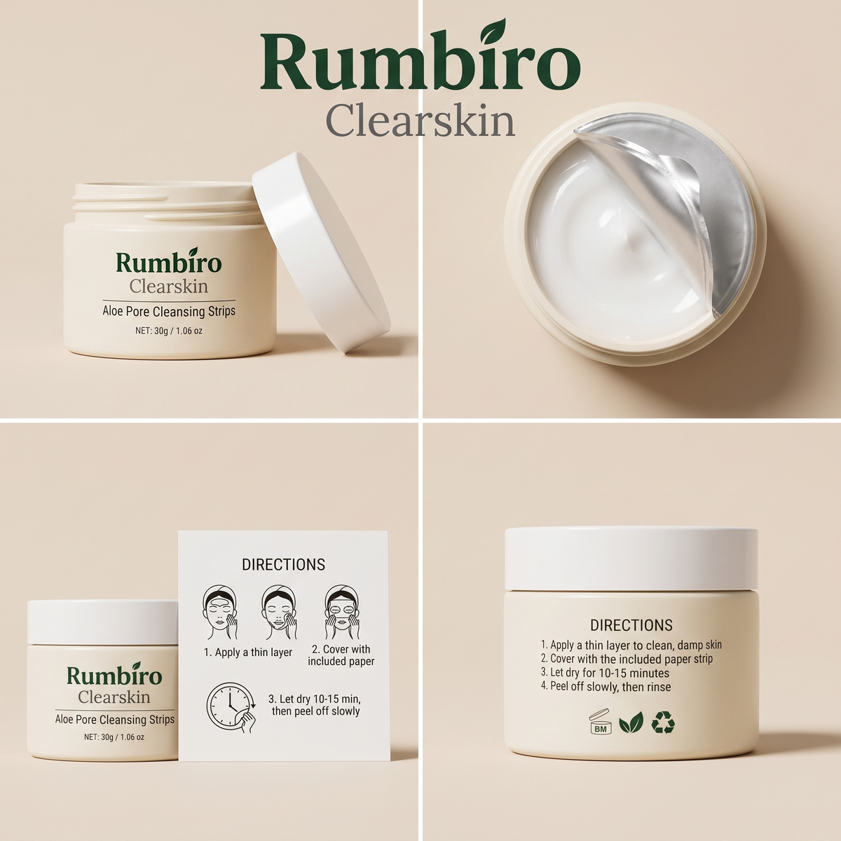 Rumbiro Clearskin Aloe Pore Cleansing Strips — jar, texture close-up, and directions: apply a thin layer, cover with the included paper strip, let dry 10-15 minutes, peel off slowly